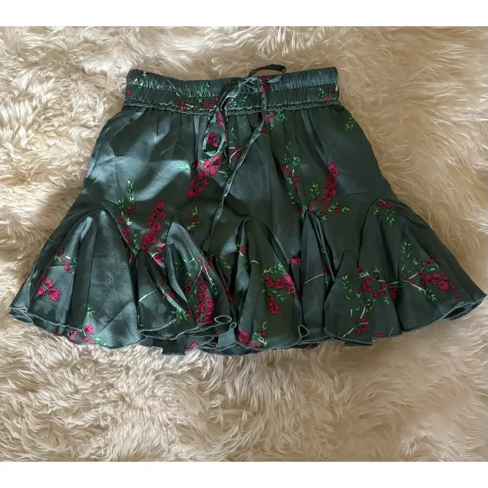 Selfie Leslie Emerald Green Floral Satin Ruffle Mini Skirt